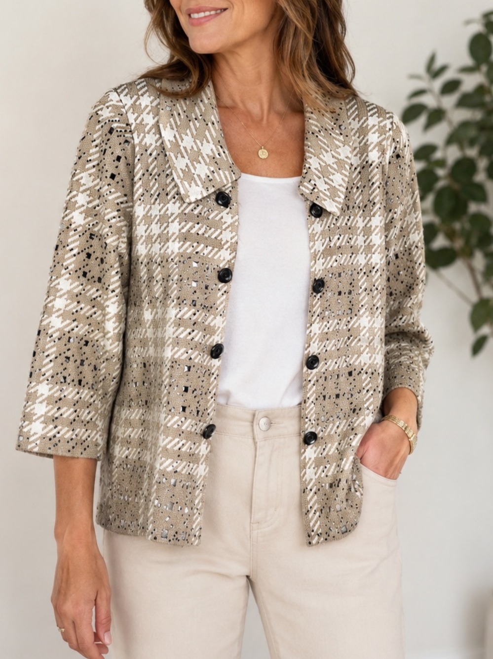 Ming Wang Neutral Plaid Beaded Knit Open Front Cardigan size medium